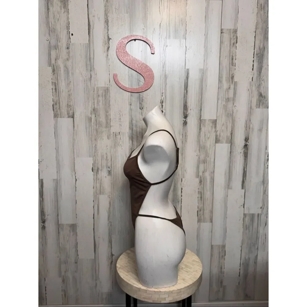 Brown Spaghetti Strap Bodysuit | Sleek Minimal One Piece Size Small
